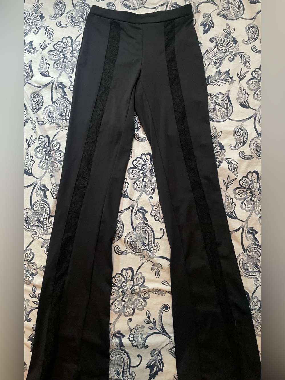 Black High-Waisted Flare Pants with Lace Side Stripes